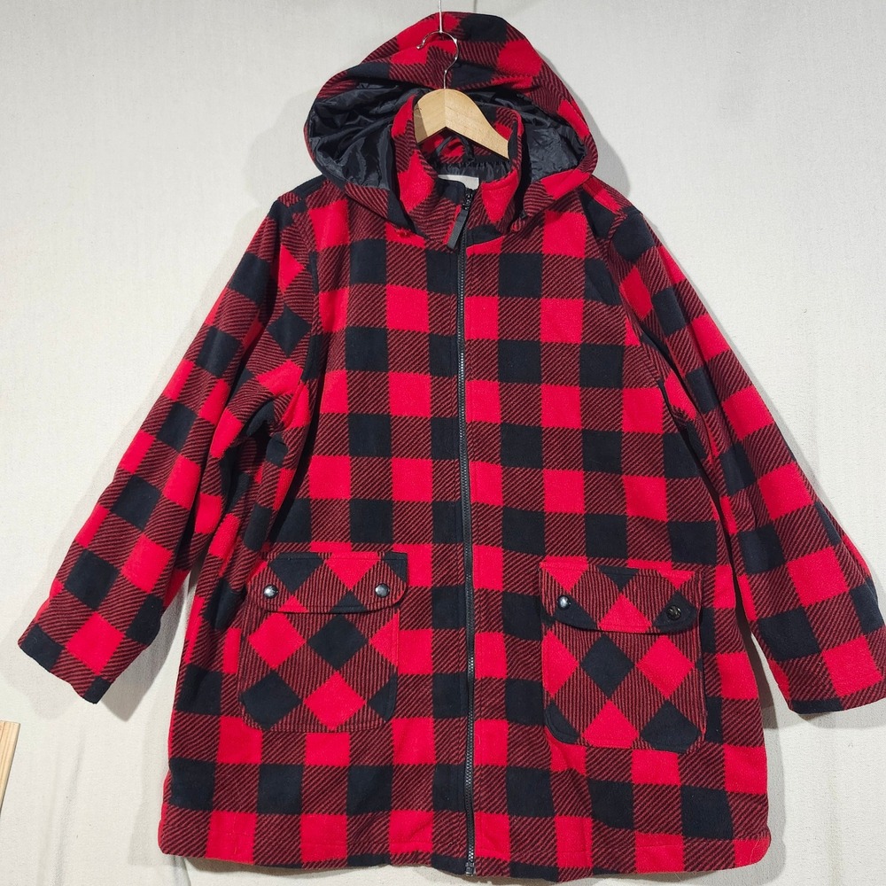 Woman Within Red Black Buffalo Plaid Fleece Hooded Zip Jacket Plus Size 18/20 L